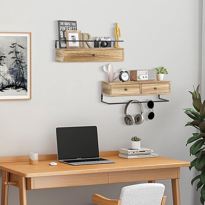 2-Pack Rustic Floating Shelves with Drawer, Wall Mounted Bathroom Shelf, 15.8 Inch Long, Brown Wood & Metal, 30 lbs Capacity