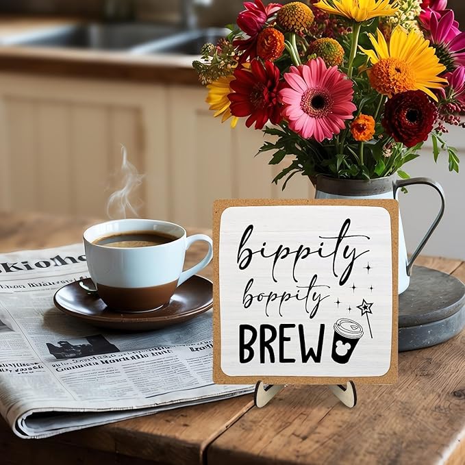 Coffee Bar Sign Plaque Decor,Bippity Boppity Brew Desk Decor for Kitchen,Coffee Bar Accessorie,Cute Wooden Tabletop Plaque, Rustic Farmhouse Shelf Sign for Home or Office Decoration 5.9x5.9Inch(White)