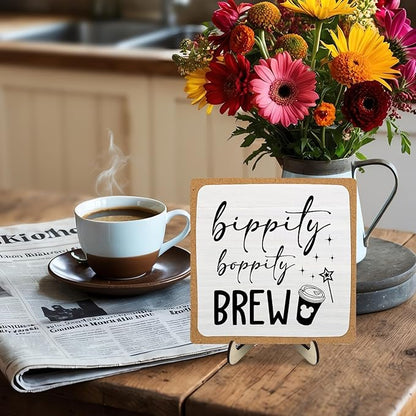 Coffee Bar Sign Plaque Decor,Bippity Boppity Brew Desk Decor for Kitchen,Coffee Bar Accessorie,Cute Wooden Tabletop Plaque, Rustic Farmhouse Shelf Sign for Home or Office Decoration 5.9x5.9Inch(White)