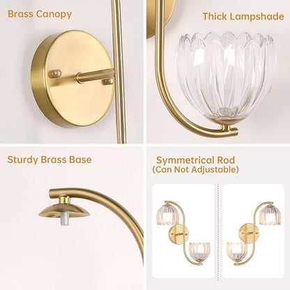 Battery Operated Wall Sconce, 2-Lights Vinatge Brass Wall Lighting Up and Down with Clear Tulip Shade for Living Room, Bedroom, Symmetrical 2 Pack