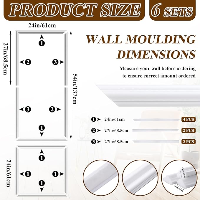 Pangda Peel and Stick Wall Molding Kit, 3D Premade Accent Molding Wainscoting Panel for Interior Wall Moulding Decor, Ready to Assemble Wainscoting Accent Panel(6 Set,24 x 54 in)