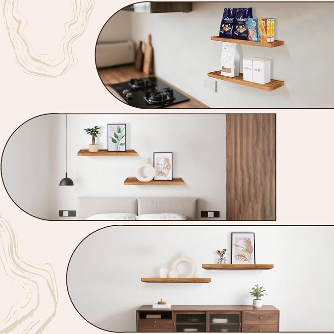 Solid Wood Floating Shelves Bathroom 24 inch Rustic Wall Wood Display Shelves with Grooves Set of 2 Home Decor for Living Room Bedroom Kitchen Farmhouse 24x6.7 inch - Brown