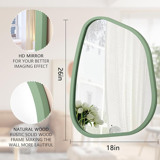 Asymmetrical Mirror for Wall Irregular Accent Wood Frame Modern Unique Wall Mirror Decorative Vanity Bathroom Living Room Bedroom Entryway Hallway Artistic Wavy Mirror Large 26"x18"