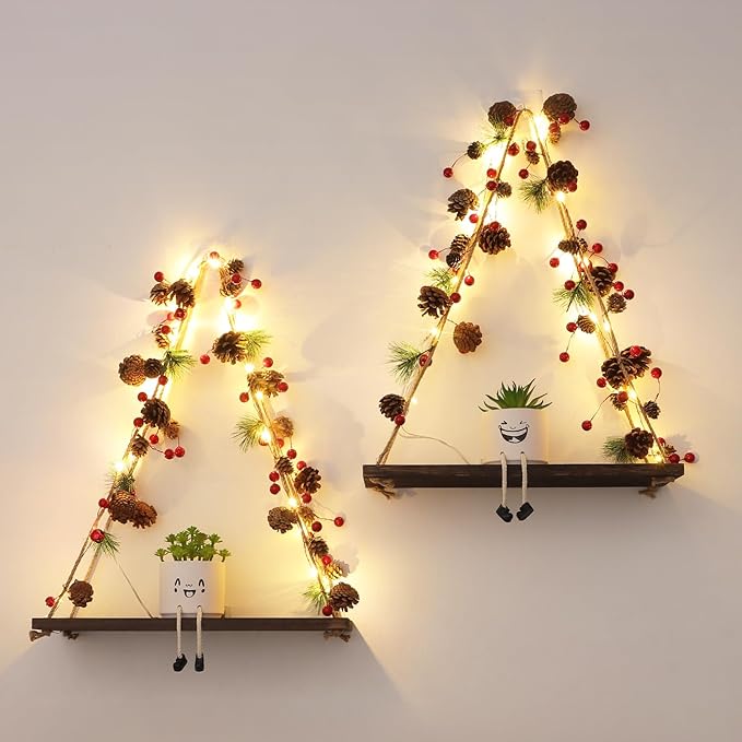 Floating Shelves for Wall, Hanging Shelves with Christmas Pinecone & Bell LED String Light, No Drilling Hanging Shelf, Wood Hanging Plant Shelves for Wall Décor, Boho Decor, Art Bedroom