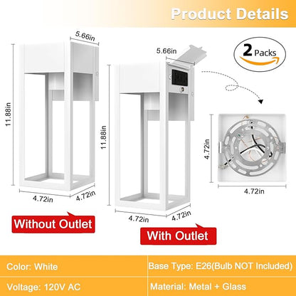 2 Pack Porch Lights Outdoor Wall Sconce, Outdoor Light with GFCI Outlet, Waterproof Exterior Wall Lantern Light Fixtures, Anti-Rust Wall Lamp with Clear Glass for Patio Doorway Garage- White