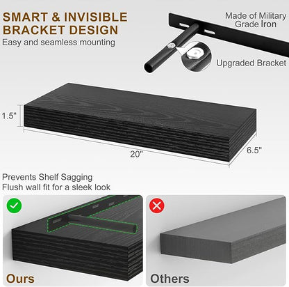 Fun Memories Floating Shelves for Wall, 20Inch Floating Shelves Set of 2, Hanging Shelf with Invisible Brackets, Wood Shelves for Living Room, Bedroom, Kitchen, Black