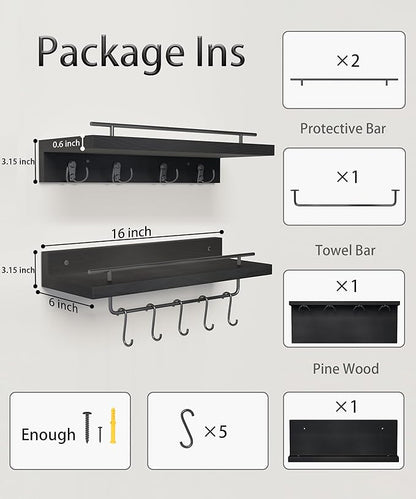 Wood Floating Shelves with Metal Hooks, Wall Mounted Coat Rack with Shelf Set of 2, Bathroom Wall Shelf with Removable Towel Bar, Hanging Shelves with 9 Hooks for Kitchen Entryway Coffee Bar, Black