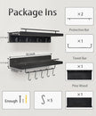 Wood Floating Shelves with Metal Hooks, Wall Mounted Coat Rack with Shelf Set of 2, Bathroom Wall Shelf with Removable Towel Bar, Hanging Shelves with 9 Hooks for Kitchen Entryway Coffee Bar, Black