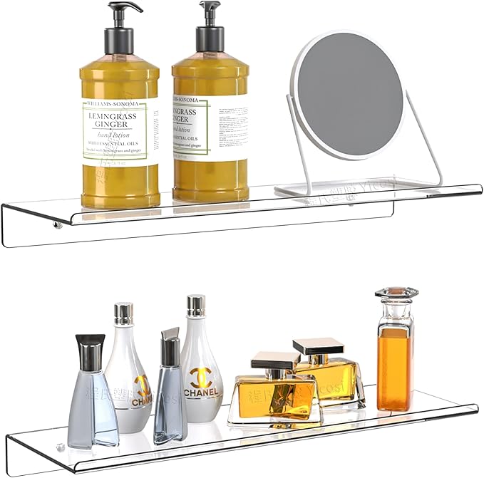 Clear Acrylic Floating Shelves Set of 2 for Lego Sets Funko Pop Collectibles Kids Bookshelf Figures Plant Picture Photo Modern Wall Ledge Floating Shelf for Bedroom Decor Living Room Wall Shelf