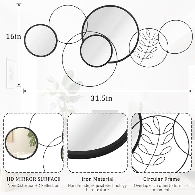 4 PCS Round Wall Mirror,Black Metal Framed Circle Mirror Set Modern Decorative Mirrors for Living Room Bedroom Entryway Bathroom 16x32 Inch Home Decor