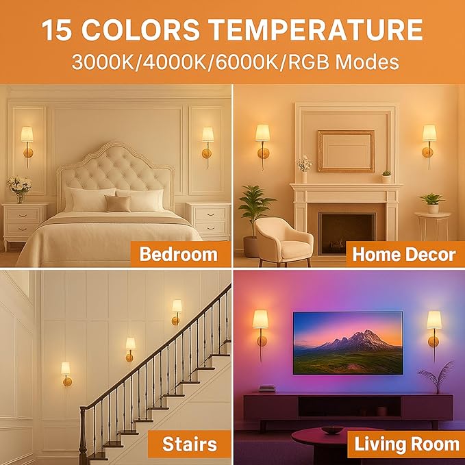 Wireless Wall Sconces Set of 2 with Remote — Gold Pleated Shades Cordless Rechargeable E26 Bulbs, 12 RGB Colors + 3000K/4000K/6000K, Dimmable Wall Mounted Lamps for Bedroom Living Room Hallway