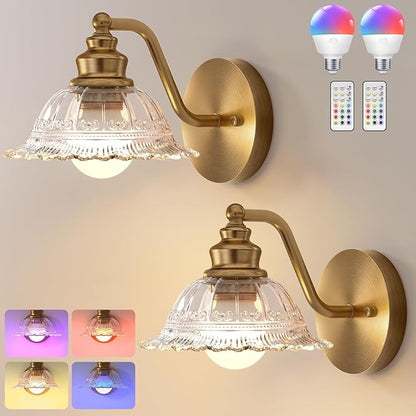 Redluck Battery Operated Wall Sconce with Remote Control, Vintage Glass Wireless Wall sconces Set of Two, Rechargeable Battery Powered Wall Lamp for Bedside Bedroom Living Room Hallway Decor