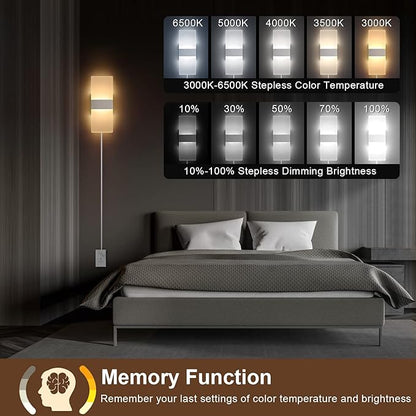 Plug in Wall Sconces with Stepless Adjustable 3000K-6500K Colors and 10%-100% Brightness, Sconces Wall Lighting with Remote Control 12W Acrylic LED Wall Lamp with 6FT Plug in Cord, 2 Pack