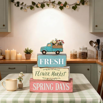 Spring Decoration Wooden Tiered Tray Decor Set – Farmhouse Spring Block Sign with Vintage Flower Truck, Fresh Flower Market Text – Rustic Tabletop Centerpiece for Living Room, Kitchen, Entryway, Shelf Display, Spring Home Decor