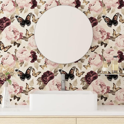 Vintage Butterfly Wallpaper Peel and Stick, Beige/Pink Floral Contact Paper, Thick Boho Chic Wall Paper Mural Self Adhesive Waterproof Removable for Bathroom Shelf Cabinet Drawer Table 17.5" x 118"