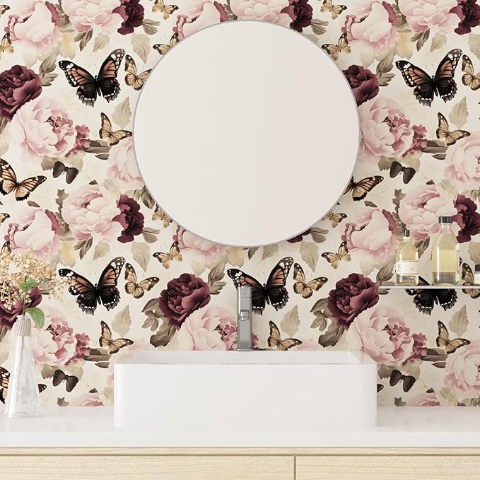 Butterfly Floral Wallpaper Peel and Stick, Vintage Beige/Pink Contact Paper 17.5" x 393", Boho Flower Wall Paper Self Adhesive Waterproof Removable for Bathroom Shelves Cabinet Drawer Table Decor