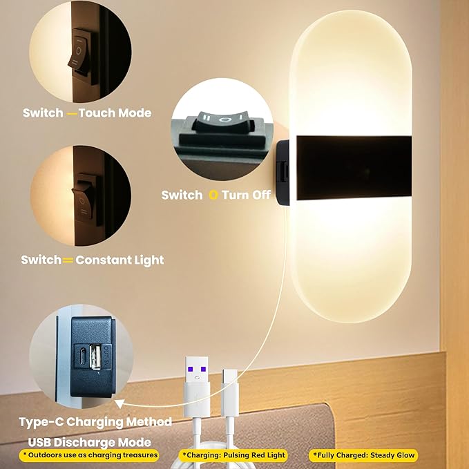 Modern Wall Sconces,2 PCS Acrylic LED Wall Lamps for Living Room Bedroom Hallway,Rechargeable USB Battery Operated,Adjustable Light,Bedside Lights,Touch Control Switch Warm Light(Arc-Shaped)