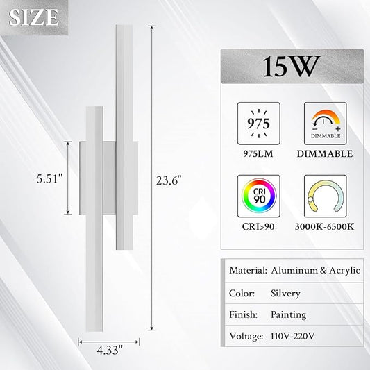 LED Wall Sconce Silver Modern Remote Wall Light Fixtures for Living Room, Dimmable LED Vanity Light Indoor Remote Wall Sconce for Bedside Bedroom Bathroom Dining Room, 23.6inch 1 Pack