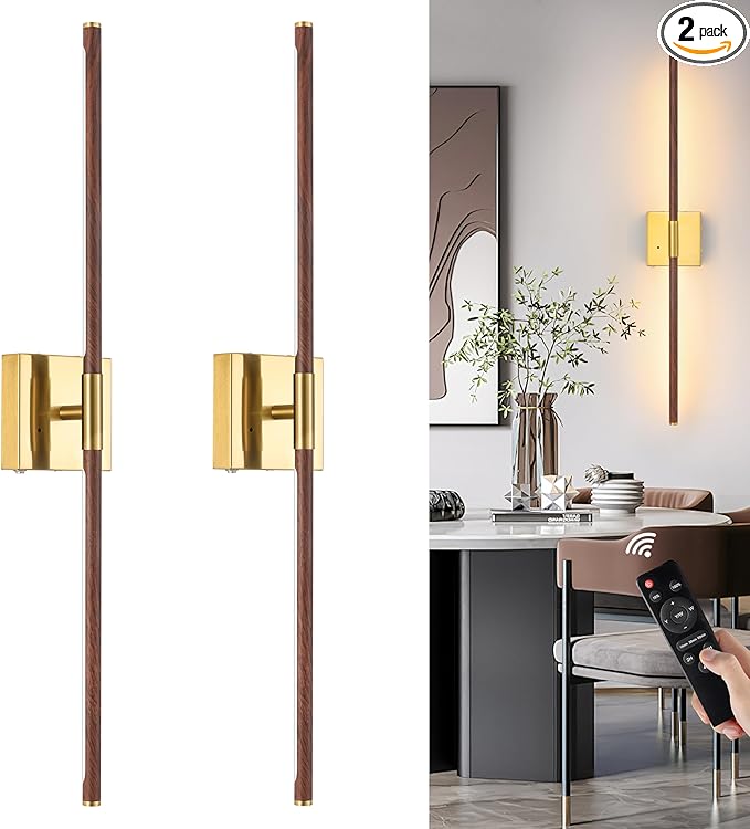 30″ Walnut Battery Operated Wall Sconces with Remote Control, Rechargeable Wall Sconces Set of 2, LED Sconces Wall Lighting, Wireless Wall Lights for Bedroom, Living Room, Background Wall