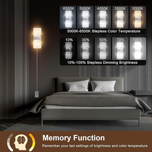 Plug in Wall Sconces with Adjustable 3000K-6500K Colors & 10%-100% Brightness, Sconces Wall Decor Set of 2 with Remote Control, 12W Acrylic LED Plug in Wall Light (2 Pack, Corrugated Finish)