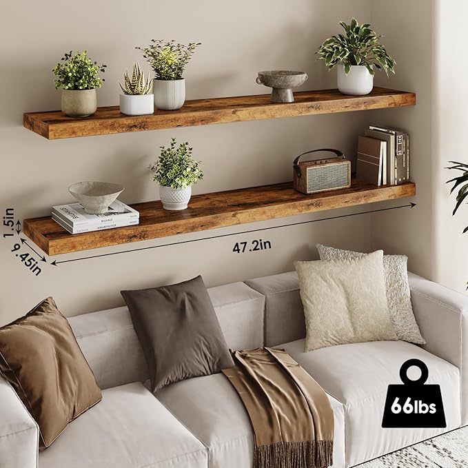 Fixwal Long Shelf for Wall, 47" Long Heavy Duty Wall Mounted Floating Shelves for Living Room, Bedroom, Bathroom and Kitchen, Wall Shelves for Storage, Books, Room Decor (Rustic Brown, Set of 2)