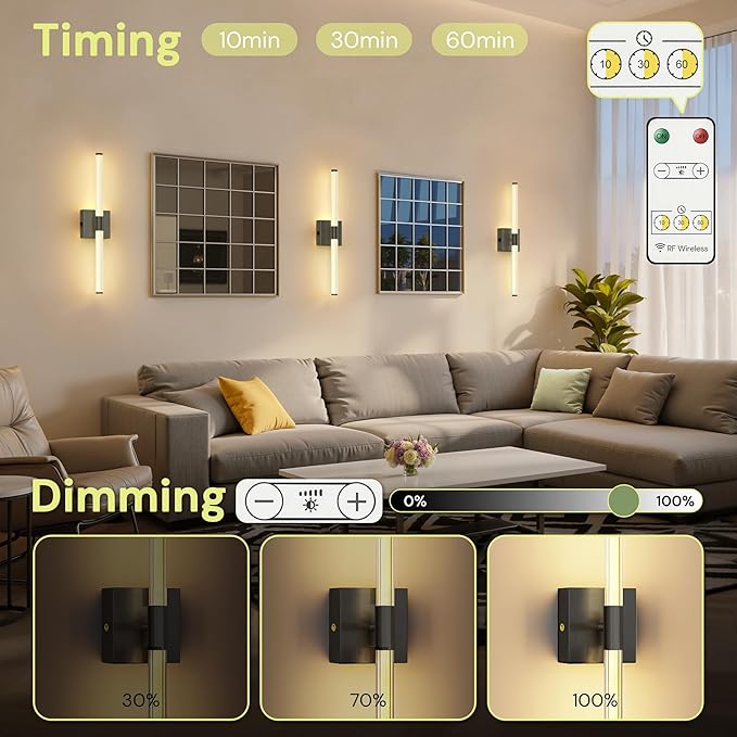 L LOHAS LED Battery Operated Wall Sconces Set of 2, 10000mAh Black Battery Wall Sconce 360 Full Lighting, 3000K Dimmable Wireless Wall Light, Sconce Wall Decor for Bathroom, Bedroom, Living Room, 24in