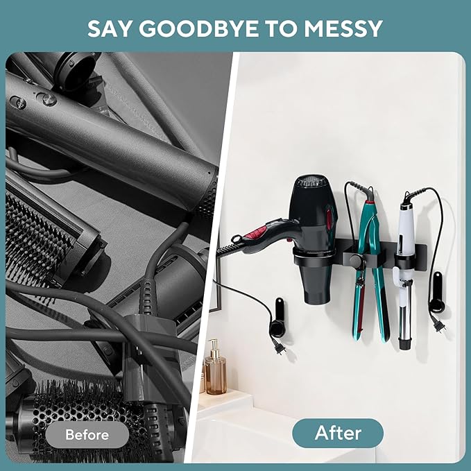 Hair Straightener Holder Wall Mounted, Hair Dryer Holder with Plug&Cord Organizer, Metal Hair Tools Organizer & Storage Curling Iron Holder for Bathroom, Salon Hair Dryer Holder