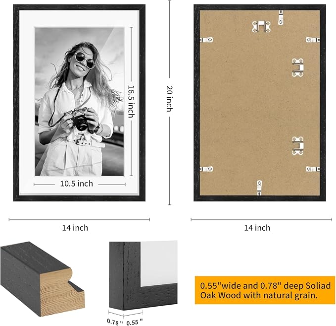 puthiac 13x19 Solid Oak Wood Picture Frame, Fits 11x17 with Mat or 13x19 Without Mat, Wall Display Only, Vertical or Horizontal, Plexi Front, 1 Pack, Black