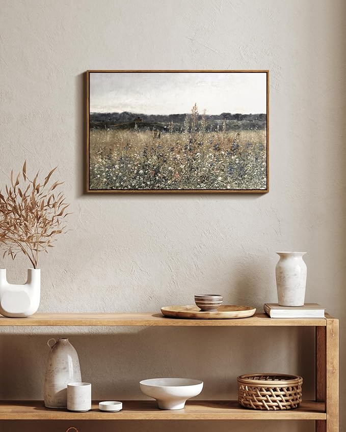 InSimSea Framed Canvas Wall Art Vintage Decor, Large Wall Art, Meadow with Flowers Landscape Wall Art Prints, Modern Farmhouse Cottagecore Bedroom Bathroom Office Decoration, 20