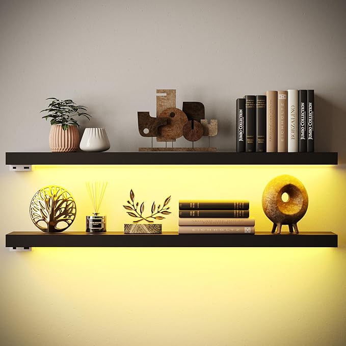 BAMEOS Floating Shelves with LED Light, Wall Mounted Wooden Shelves with Invisible Brackets, Set of 2, Hanging Wall Shelves for Bedroom, Bathroom, Living Room and Kitchen(31