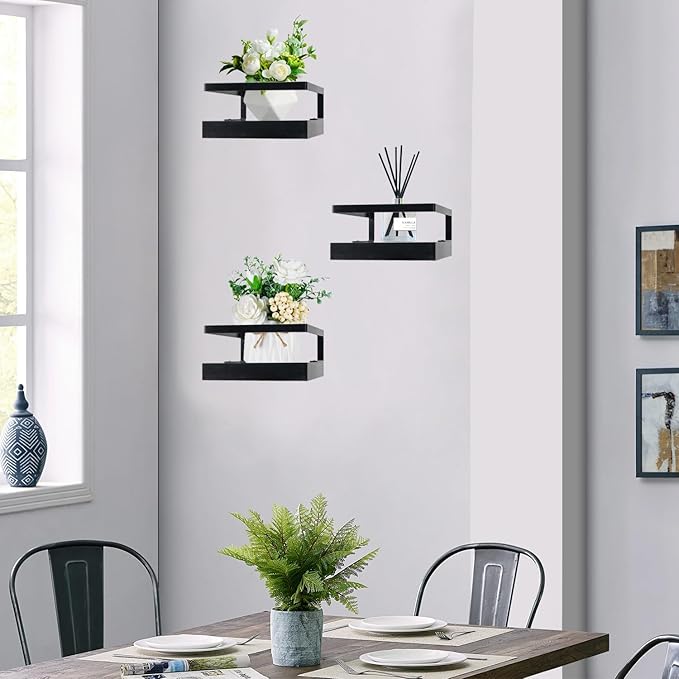 ARTORA Wall Mounted Plant Holder, Wooden Floating Shelf with Invisible Bracket Wall Mount Wood Rack Small Decorative Display Shelves with Gaurdrail for Bedroom Living Room Bathroom (Black,1 Pack)