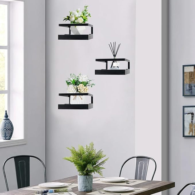 ARTORA Wall Mounted Plant Holder, Wooden Floating Shelf with Invisible Bracket Wall Mount Wood Rack Small Decorative Display Shelves with Gaurdrail for Bedroom Living Room Bathroom (Black,1 Pack)