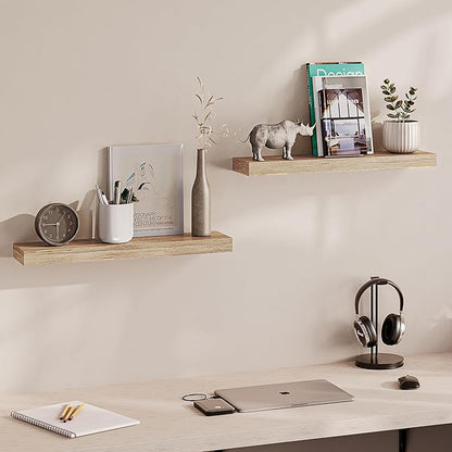 Ballucci Floating Shelves for Wall, 24" Wood Wall Shelf Set of 2, with Invisible Brackets for Bathroom, Living Room, Bedroom, Kitchen, Nursery, 8" Deep, Oak Finish