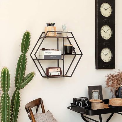 Industrial Style Hexagon-Shaped Wall Shelves, 3 Tier Decorative Floating Ledge Shelves, Wall Mounted Metal Bracket Wooden Display Hanging Shelf