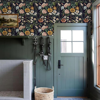 Livebor Floral Peel and Stick Wallpaper Vintage Floral Contact Paper 16.9"x196.8" Dark Flower Wallpaper Peel and Stick Boho Self Adhesive Removable Wall Paper for Cabinets Bathroom Decorative Vinyl