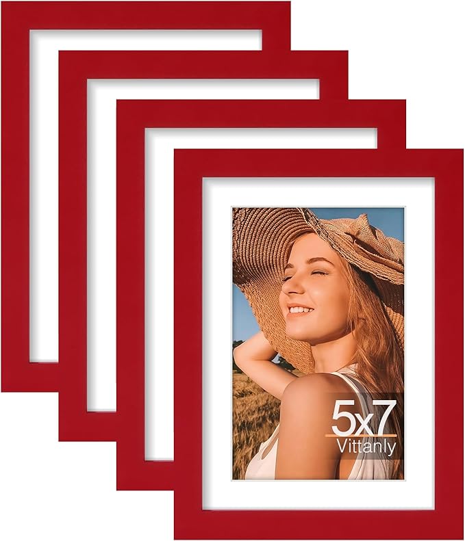Vittanly 5x7 Picture Frame Set of 4, Display Pictures 4x6 with Mat or 5x7 without Mat, Small Photo Frames for Wall or Tabletop Display, Engineered Wood with Shatter Resistant Plexiglass, Red