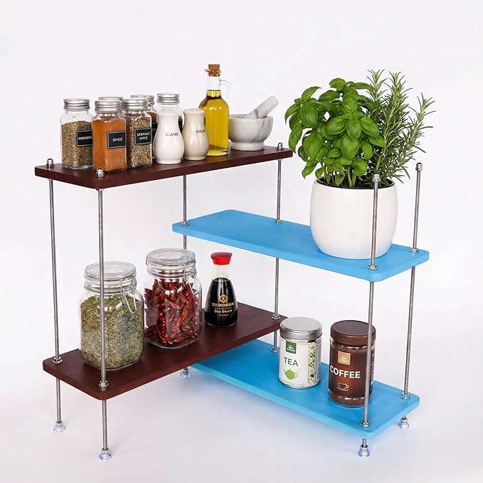 VINIUSIKI DIY Hight-Adjustable 4 Tier L-Shaped Countertop Shelf Organizer, Kitchen Spice Rack for Countertop, Wood Coffee Counter Shelf Organizer for Home - 15.7"x15.7"x16.14" (LxWxH)