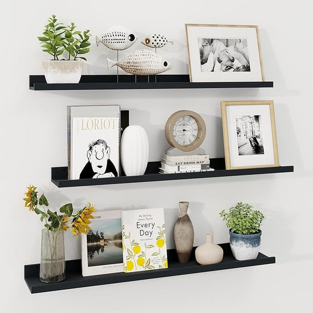 Axeman 36 Inch Floating Shelves | Black Picture Ledge Shelf Set of 3 | Rustic Wood Wall Shelves with Lip | 36" Black Picture Shelf for Wall with Ledge | Photo Shelves