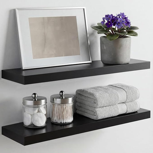 Homeforia Black Floating Shelves 24 inch, High End Solid Real Wood 24inch Bathroom Floating Shelf for Wall Mounted, Black Wooden 24in Floating Shelves, Heavy Duty Bracket, 24 X 6.5 X 1.75 in, Set of 2
