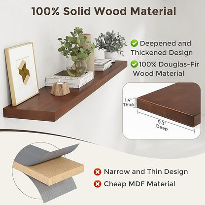 Axeman 55 Inch Floating Shelves for Wall, 9.3" Deep High End Solid Real Wood Wall Shelves with Heavy Duty Invisible Bracket for Living Room, Bedroom, Kitchen, Bathroom, Set of 1, Walnut Finish