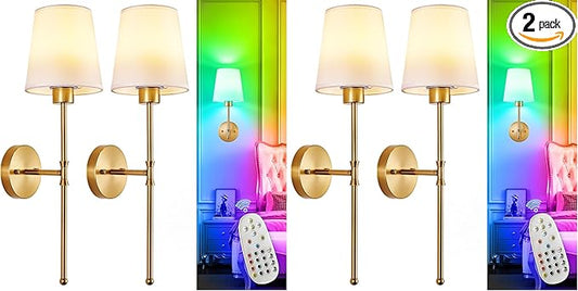 Depuley Battery Operated Wall Sconce: Set of 2 Wireless Wall Lights with Remote for Bedroom - Rechargeable 15 Colors Gold Wall Lamp for Living Room Hallway (Pack of 2)