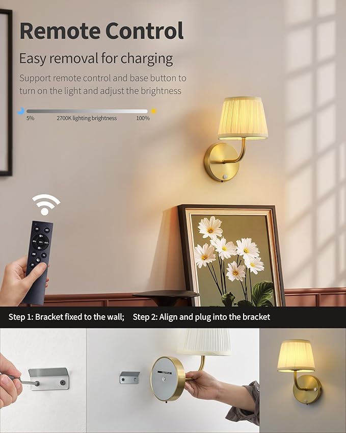 PUSU Motion Sensor Gold H9.6 inch Small Wall Sconces Set of 2, LED Cordless Rechargeable 5200mAh Battery Operated Fabric Wall Lamps with Remote, Lighting for Living Room, Bedroom, Hallway, Stairs