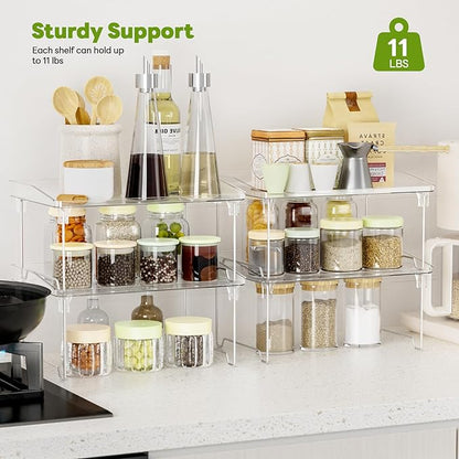 Acrylic Cabinet Organizer Shelf,4 Pcs Stackable Kitchen Counter Shelves,Spice Rack,Countertop Organizers,Clear Plastic Storage Organization for Makeup，Bathroom,Cupboard,Desk,Pantry