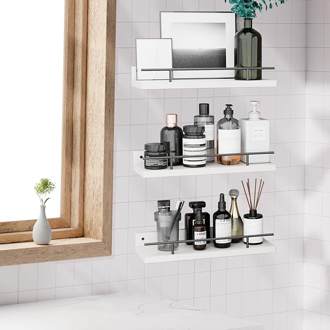 Floating Shelves with Metal Guardrail, Wall Decor Shelves for Bathroom, Living Room and Bedroom, (Black-White) Shelves for Home Decor