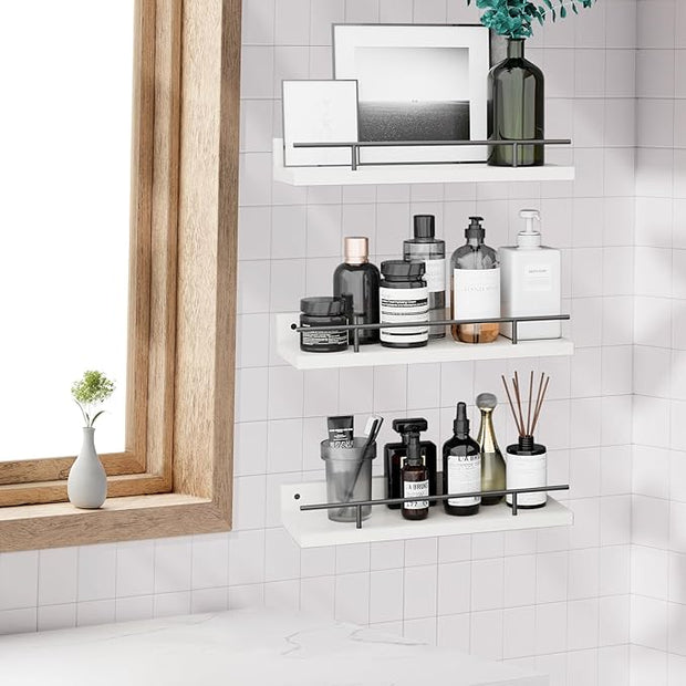 Floating Shelves with Metal Guardrail, Wall Decor Shelves for Bathroom, Living Room and Bedroom, (Black-White) Shelves for Home Decor