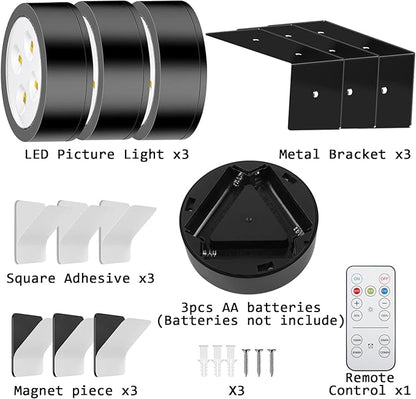 Wireless Battery Operated Painting Light with Remote Control,3 Lighting Modes Magnetic Led Art Display Light for Picture Frame, Dimmable and Timer, Wall Decor Display Light 3Pack Gold