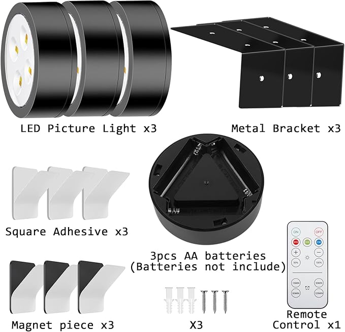 Wireless Battery Operated Painting Light with Remote Control,3 Lighting Modes Magnetic Led Art Display Light for Picture Frame, Dimmable and Timer, Wall Decor Display Light 6Pack Gold
