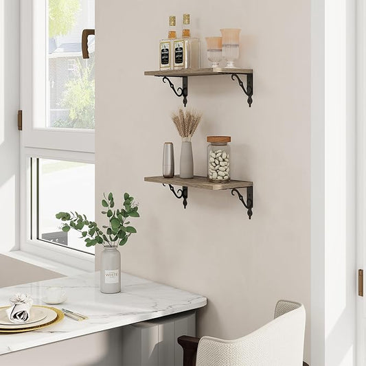 RICHFOCUS Floating Shelves for Wall Decor, 8 Inch Deep Shelves Set of 2, 16W x 8D Floating Shelves Wall Mounted with Metal Brackets, Rustic Wood Shelves for Living Room Bedroom Kitchen, Grey
