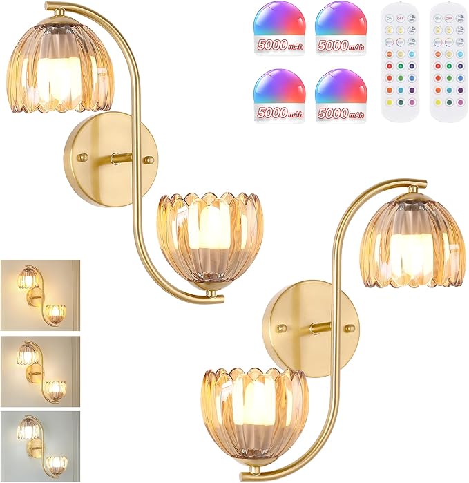 Battery Operated Wall Sconce, 2-Lights Vinatge Brass Wall Lighting Up and Down with Amber Tulip Shade for Living Room, Bedroom, Symmetrical 2 Pack