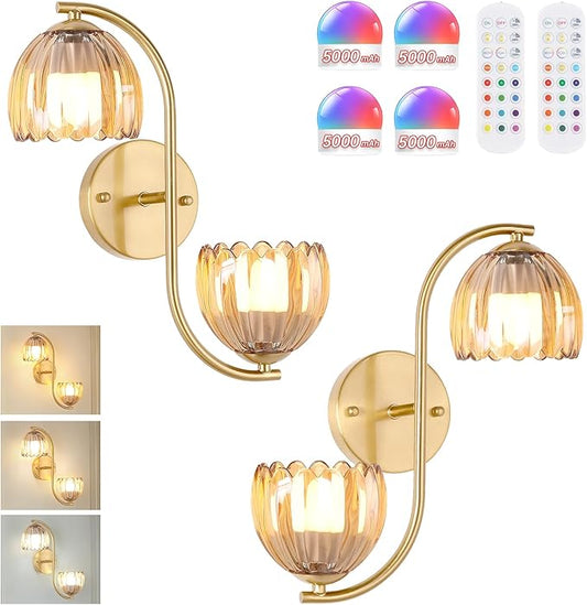 Battery Operated Wall Sconce, 2-Lights Vinatge Brass Wall Lighting Up and Down with Amber Tulip Shade for Living Room, Bedroom, Symmetrical 2 Pack